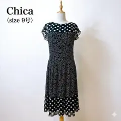 美品チカ M ワンピースヴィンテージ大小ドット切替フリル袖透け感ネイビー