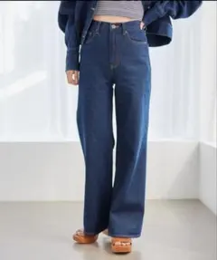 美脚・脚長効果◎ ヘザー ハイウエスト ワイドデニムパンツ ワイドパンツ　M