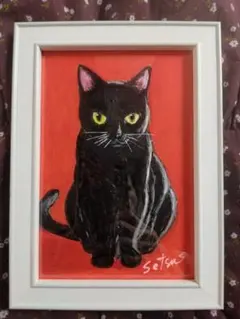 黒猫 手描きポストカード インテリアアート フレーム付き（setsu)