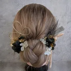 成人式　髪飾り　振袖着物　白金黒ゴールド水引リボン卒業式　ヘッドドレスヘアパーツ