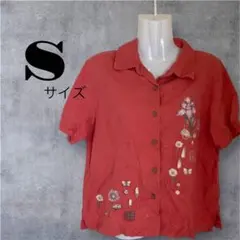 リネン混 半袖シャツ 花柄プリント ナチュラル レッド ブラウス レディース