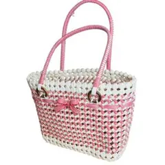 編み込みストライプトートバッグ　かごバッグ