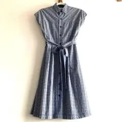 青と白のギンガムチェック 半袖シャツワンピース