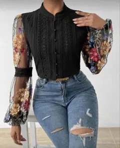 フラワー刺繍 ボタンフロント シャツ