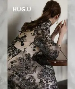HUG.U シャンパンベージュ 花柄レースロングドレス S