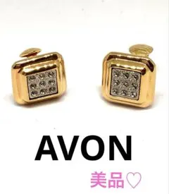 美品 AVON エイボン イヤリング ゴールド スクエア ラインストーン