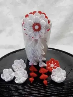 つまみ細工髪飾り（紅白）No.269