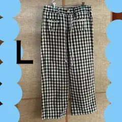 ギンガムチェック ワイドパンツ　Ｗ69㎝〜　綿、麻混