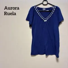 Aurora Ruela ネイビー Vネック 半袖Tシャツ　リボン装飾