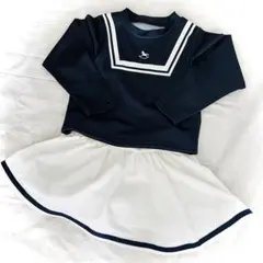 マリンセーラー襟ホワイトフレアスカート水着 ネイビー　コトリ　100