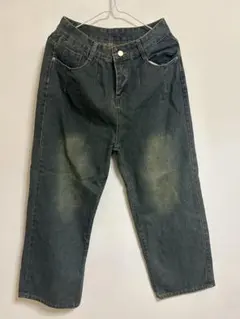 ダークグレー ワイドレッグ デニムパンツ