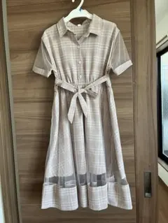 ベージュ系チェック 半袖ワンピース　シャツワンピ　発表会