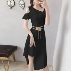 ★新品★　淑女系、肩見せ、アシンメトリーデザイン、Ａラインフレアーワンピース　m