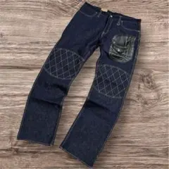 新品 児島ジーンズ デニム レアデザイン レザーパッチ バイカー ダブルニー 21oz W-knee Straight Denim / 21oz ダブルニーストレートデニム