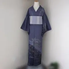 美品 【絽】源氏香 朝顔 小紋 洗える夏着物 美品 洗える着物 夏 化繊 絽 単品 未使用近い 灰青 源氏香文様 身丈162