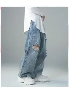 ADRER【Lサイズ】 ケミカルウォッシュ ダメージデニム ワイドパンツ
