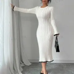 SS131 SHEIN 白ニット タイト ロング ワンピース 背中開き