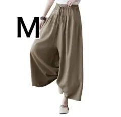 ワイドパンツ 綿麻 ゆったり リネンパンツ ガウチョ カーキ M 着痩せ
