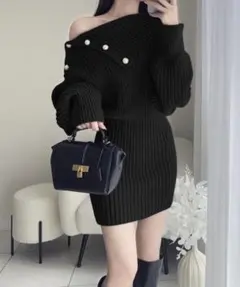 GRLパールボタンオフショルニットワンピース