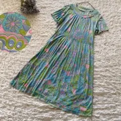 ヴィンテージ　総柄図柄プリント半袖ワンピース　昭和レトロ　パステルカラー