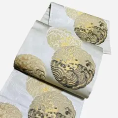 AA69未着用袋帯 六通柄 白金箔錦 唐織　金糸　波　雪輪　正絹　美品