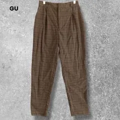 GU ジーユー テーパードパンツ　タックパンツ　チェック　ブラウン　M ゴム