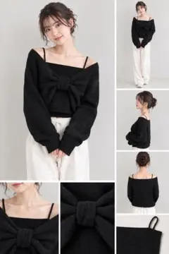 NICE CLAUPリボン付き オフショルダー ニット ブラック