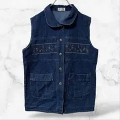 【サンフラワー】ノースリーブデニムジャケット 刺繍 ヴィンテージ コットン100