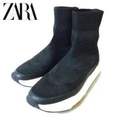 美品 ZARA ザラ ハイカット ニットスニーカー 36 約23㎝ ブラック 黒
