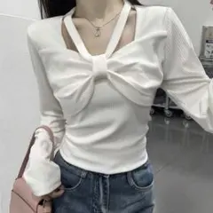 リボン付きホワイト長袖トップス XL