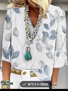 ✨大きいサイズ！ V ネック葉っぱ柄サラサラカジュアル・ブラウスチュニック！✨