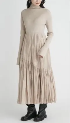 ニットドッキングワッシャープリーツワンピース　ミラオーウェン　0サイズ