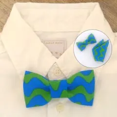 【№2710】蝶ネクタイ ポケットチーフ キッズ ブルー×グリーン