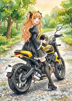 1771森の林道とドゥカティスクランブラー水彩画ツインテール美少女