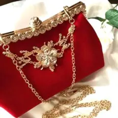 パーティバッグ　ハンドバッグ　レディース　ベルベット　キラキラビジュー　レッド
