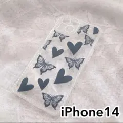 蝶々 × ハート ブラック クリア クール iPhone14ケース
