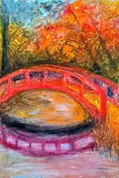 赤い橋 風景画 クレパス画 原画 手描き 一点物
