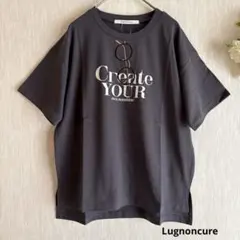 新品　メガネ刺繍プリントTシャツ　ルノンキュール　チャコール