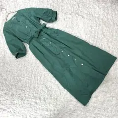 美品【グラシア】（M）Ｖネックロングワンピース グリーン 七分袖 上品 シンプル