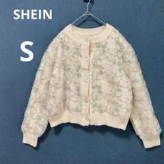SHEIN シーイン チュール フラワー刺繍　クルーネック カーディガン 白