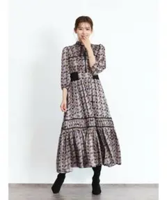 ソブ 豹柄 ロングワンピース レギュラーカラー 長袖 フリル 36