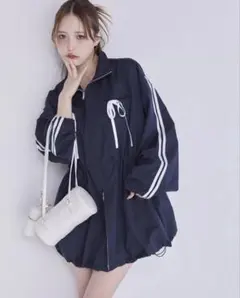 NICE CLAUP ネイビー　サイドラインリボンブルゾン　ジップジャケット　紺