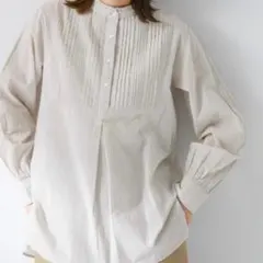 新品　サニーレーベル　スタンドフリルカラーコットンタックドレスシャツ　グレー