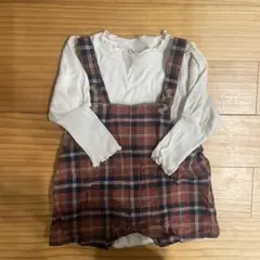 ベビー服 白色ボディスーツとチェック柄オーバーオール