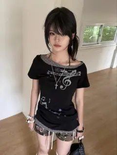 音楽モチーフ プリント Tシャツ ブラック
