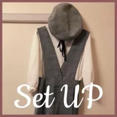 [韓国][セットアップ]グレンチェックワンピース+ブラウス+ベレー帽子