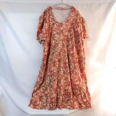1点もの✨️　ペイズリー柄 半袖ひざ丈ワンピース オレンジ