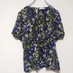 【極美品】ジュディコレクション 日本製 リヨセル100% 花柄ブラウス M 紺のサムネイル