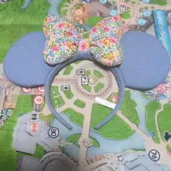 ミニー耳 デニム生地×花柄リボン カチューシャ