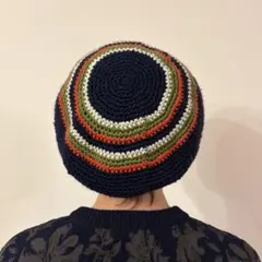 ハンドメイド　タム帽　ベレー帽　ユニセックス　ネイビー　手編み